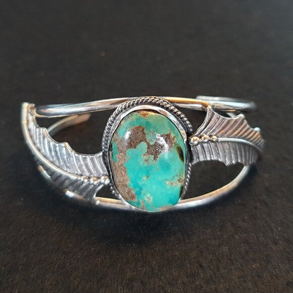 Vintage Pre-1950s Native American Sterling Genuine Turquoise Feather Bracelet - Picture 1 of 14